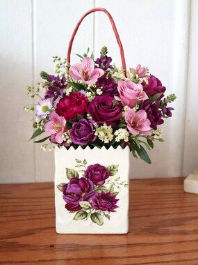 Unique Small Ceramic Vase Styled as a Paper Bag 4" High Red Rose Design